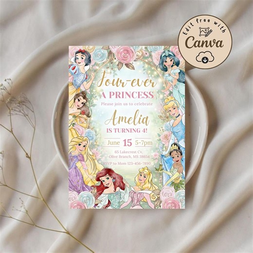 Four Ever A Princess Birthday Invitation – Fourever A Princess, Royal Watercolor Party Invite - Etsy