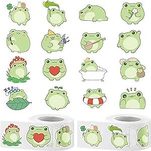 1000pcs Cartoon Frog Sticker Rolls(2 Rolls), 1.5 Inch 16 Design Cute Frog Decorative Decals for Kids Kawaii Frog Animals Self Adhesive Sticker for Waterbottle Luggage Scrapbook Gift Wrap Decor