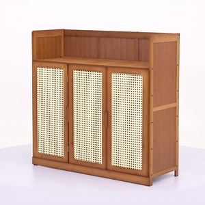 MoNiBloom 4 Tier Boho Shoe Cabinet, Free Standing Bamboo Rattan Pattern Shoe Shelf Floor Storage with Doors for 13-16 Pairs Home Hallway Office, Brown