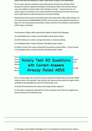 Notary Test 60 Questions with Correct Answers Already Rated A856 video