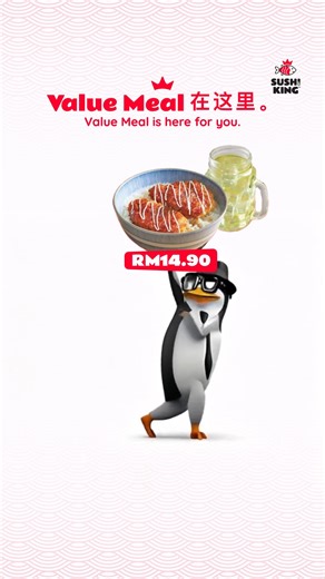 That feeling when your meal is tasty AND affordable. Don’t believe? Come to Sushi King and enjoy that Value Meal @ RM14.90, you might just dance like this penguin. Jom cuba All Day Value Meals RM14.90: https://sushi-king.com/promotions/all-day-value-meals/ | Sushi King
