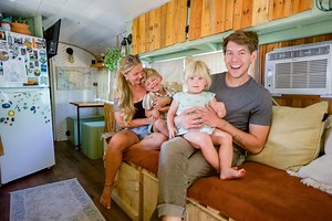 Shane & Emily are traveling musicians who have been living on the road since 2015. They were originally inspired to live nomadically in an effort to avoid paying rent, but over the years they slowly fell in love with the lifestyle & now live in their self-converted school bus with their two children, Juno & Sawyer. Their home features a kitchen with a double sided sink. plenty of storage for food & appliances, plus a three burner, recycled, RV stove. In addition they have a bathroom, main bedroo