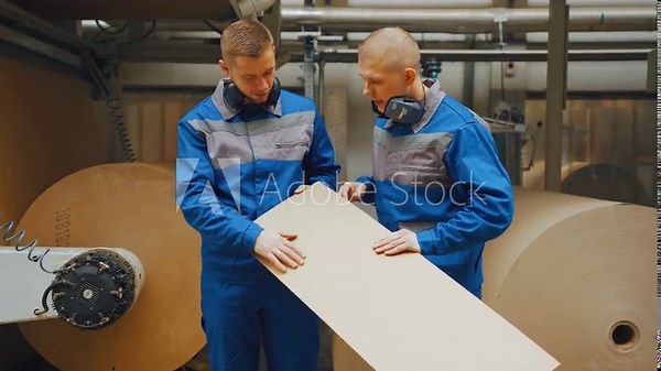 Two cardboard factory male workers or engineers are discussing the quality of cardboard against the background of a machine with a paper roll. Production of corrugated cardboard from recycled paper.