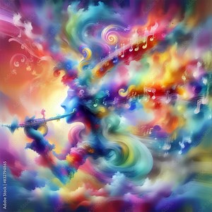 Vibrant abstract art depicting a colorful figure playing the flute, with musical notes and swirls blending into the ethereal background. A fusion of music and visual art creates a dreamy, dynamic