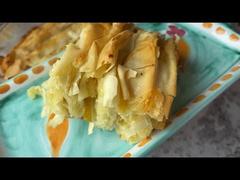 Filo pastry pie with pear and Camembert cheese in a creamy egg and cinnamon filling.