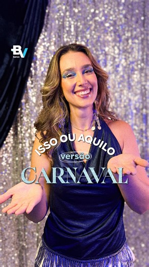 banco BV on Instagram: "E aí, quem é você na folia? 🎉 Na hora de fazer suas escolhas, lembre-se da mais importante: contar com o BV pra curtir um carnaval mais completo e seguro! Sujeito a análise. Consulte condições #LeveParaOCarnaval #LeveParaAVida #PraTodosVerem: Vídeo é ambientado com um fundo de cortina brilhante em tons prateados. Na frente, uma mulher branca vestindo uma blusa azul escuro com brilho e acessórios que combinam um visual carnavalesco. Ao longo das cenas, aparece o texto "Is