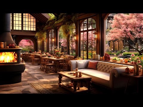 Spring Morning & Warm Fireplace | Piano Jazz Music in Coffee Shop Ambience for Work, Study, Relax