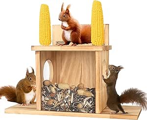 Wood Squirrel Feeder, Squirrel Feeders for Outside Winter, Wooden Chipmunk Feeder Waterproof for Corn, Peanuts, Durable Box Easy to Fill with Removable Front Panel