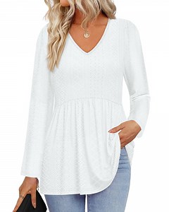 UVN Fall Blouses for Women Long Sleeve V Neck Peplum Tunic Tops Casual Babydoll Flowy T Shirts