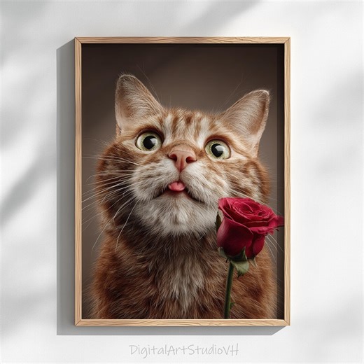 Printable Winking Ginger Tabby Cat With Red Rose - Photorealistic Pet Portrait Art, Playful Romantic Animal Decor, Digital Download 1537 - Etsy UK
