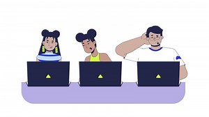 Writing code practice cartoon animation. Coding bootcamp. IT school course. Hackathon. Diverse students working on laptops animated flat 2D characters 4K isolated on white, scene storytelling