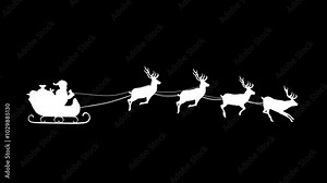 Silhouette Santa Claus on sleigh with Christmas gifts and four 4 reindeers pulling the sledge Luma Matte loop