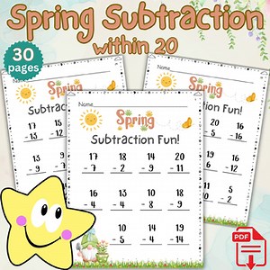 Spring Subtraction Fun Within 20 | 30 Printable Worksheets with Answer Keys