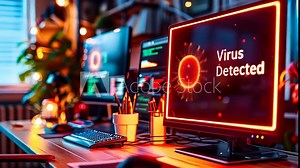 Cybersecurity Breach Alert on Computer Screen in Dimly Lit Office, Virus Detected Warning with Stylized Virus Icon, Evening Security Threat