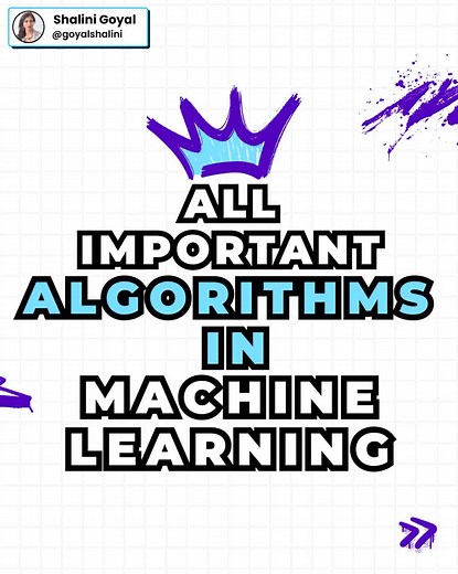 Want a quick reference guide for all the types of Machine Learning Algorithms ? Whether you're a beginner or an advanced learner, this guide covers every essential algorithm you need to know in ML. Here’s a breakdown: 1. Supervised Learning Algorithms that learn from labeled data to make predictions. Includes regression, classification, and ensemble models like Random Forest, SVM, and Gradient Boosting. 2. Unsupervised Learning Learns patterns from unlabeled data. Covers clustering (K-Means, DBS