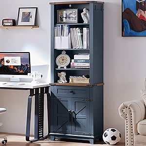 72in Tall Bookshelf 7 Tier Bookcase with Drawer and Barn Doors and Adjustable Shelves, Blue Farmhouse Book Shelf with Storage Cabinet, Wood Freestanding Display Bookshelves for Living Room