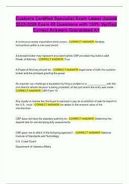 Customs Certified Specialist Exam Latest Update 20252026 Exam 60 Questions with 100 Verified Correct