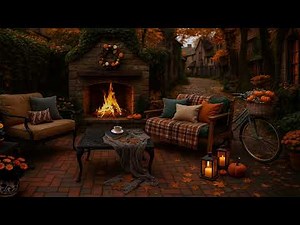 Autumn Terrace Fireplace Ambience | Crackling Fire, Pumpkins & Cozy Fall Vibes 🍂🔥