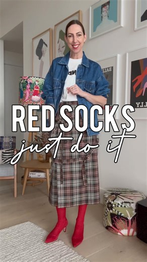 Just Add Red Socks 🧦 {or stockings} Can it really be that simple? YES! ❤️ Will you try it? 🏷️ red socks. Socks and loafers. Socks and sandals. Winter style. Melbourne stylist. Style tips. Style inspiration. | Styled by Sally