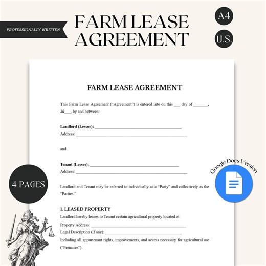 Farm Lease Agreement for Landowners | Simple Agricultural Land Rental Contract | Editable in Google Docs Template | Instant Download - Etsy