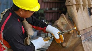 4K Man welder wearing safety equipment working on welding machine in construction factory. Male factory worker welding steel with sparks flakes at workplace . Construction and heavy industry concept