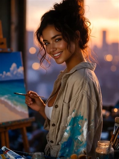 Title: My Secret Sanctuary: Model vs. Artist 🎨✨ Core Emojis: 👩‍🎨 🖌️ 🌆 Core Hashtags: #StudioVibes #ArtistLife #BehindTheScenes Description: Step inside my private studio apartment, the place where the world-famous model becomes the dedicated painter. While the world sees the finished photos and the high-fashion events, this is where I truly recharge. Surrounded by my canvases, brushes, and the golden glow of a city sunset, I get to let go of the expectations and just create. This 6-second g