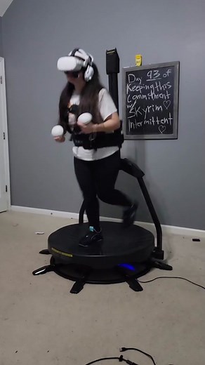 Replying to @maximiliangreatshell Day 93 of using the vr treadmill everyday to lose weight! #vr #vrtreadmill #skyrim #weightloss #fun #commitment #exercise #gaming #fyp