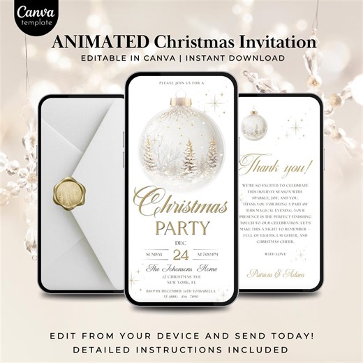 Elegant Animated Christmas Party Invitation Template, White and Gold Holiday Evite, Digital Canva Christmas Card, Instant Download - Etsy