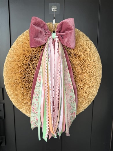 Pink and Green Spring Door Bow, Mauve and Mint Velvet Bow for Wreath, Floral Ribbon Door Hanger, Shabby Chic Spring Decor, Front Door Bow - Etsy