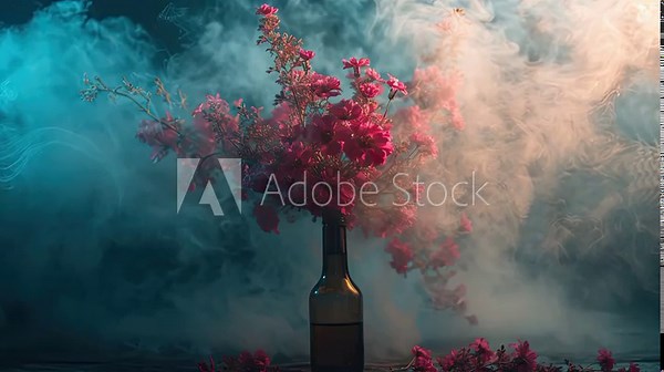 loop video of smoke around red flower buket arrangement on wine bottle dark loop video