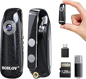 BOBLOV Mini Body Camera with Video: 128GB 007 Pocket Tiny Body Cams with Back Clip,1080P Small Wearable Camera with Audio Recording -User Friendly for Bike/Pet/Home/Proof