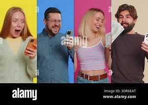 Collage of happy rich people men women using smartphone rejoicing win, receiving money dollar cash, celebrating success victory play lottery casino game online application, loan quick transaction Stock Video Footage - Alamy