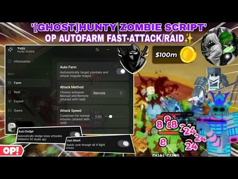 [Ghost]Hunty Zombie Latest Script Keyless😎 Autofarm,Auto-Raid🔥,Fast-Attack,Dodge+More✨