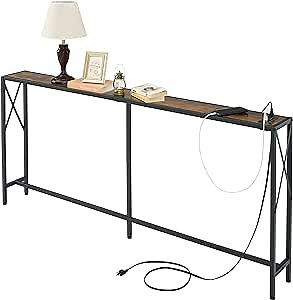 Gewudraw 70 in Skinny Sofa Table Behind Couch, Console Table with Oulets & USB Ports for Hallway, Entryway,Living Room, Bedroom, Rustic Brown