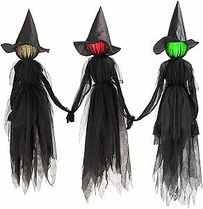 Halloween Decorations, Set of 3 Witch Halloween Decorations Outdoor with Sound Sensing Screams and Glowing Face, Scary Halloween Witch Decor for Garden Yard Lawn House