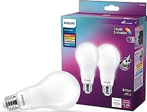 PHILIPS LED 75W A21 2-Pack WhiteDial Multi-CCT (5000K) 1100 Lumen (9W = 75W) Dimmable Clear Flicker-Free Light Bulbs - Amazon.com