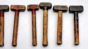 Different types of hammers lined up on a white surface for display and comparison purposes