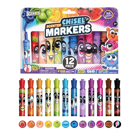 Scentos Fruit Scented Chisel Tip Markers, 12 Pack, Kid Approved, Super Washable, for Posters and Science Fairs, Assorted Colors, Party Favors, School Supplies Gifts for Child