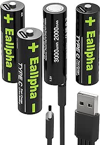 Rechargeable aa Batteries 4packs,2 Hours Fast Charging aa Batteries USB Rechargeable,3000mWh aa Lithium Rechargeable Batteries and 1200 Cycles USB Rechargeable aa Batteries for Toy Cars Toothbrush