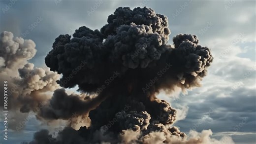 A powerful explosion creates a massive dark cloud of smoke and fire in the sky, capturing intense destructive energy and atmospheric drama.