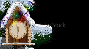 Old wooden clock with fir tree and snow. 2D computer animation of midnight comes (New Year comes) Stock Video