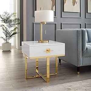 Nicole Miller Side Table - White/Gold | Design: Mandisa | 1 Drawer | Hight Gloss Lacquer Finish