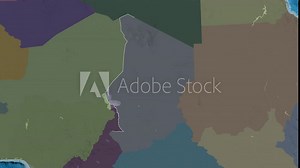 Lac, region of Chad, with its capital, localized, outlined and zoomed with informative overlays on a administrative map in the Stereographic projection. Animation 3D