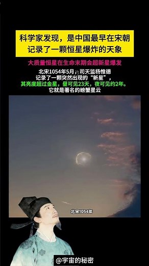 中国最早在宋朝就观测到恒星爆炸的震撼天象！北宋1054年5月，司天监官员杨惟德记录了一颗突然出现的“新星”，其亮度超过金星，呈红白色，昼可见23天，夜可见约2年。它就是著名的蟹状星云