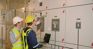 Two electricians electrical engineers in protective uniform checking voltage control panel screen system at electrical cabinet for generate electricity of factory in manufacture industrial