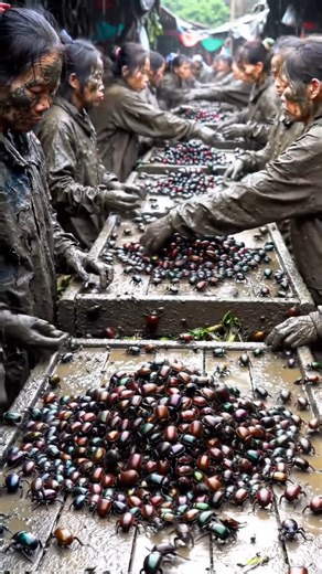 Exploring Traditional Asian Markets: Women Selling Rhinoceros Beetles and Fresh Produce.