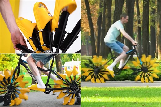Inventor Replaces Wheels on Bicycle with Yellow Slippers, Surprisingly Smooth Riding Ensues