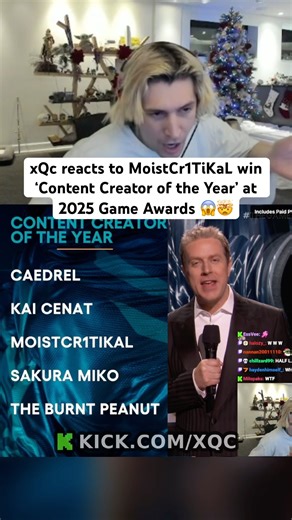 xQc reacts to MoistCr1TiKaL WIN 'Content Creator Of The YEAR' 😱 #xqc #moistcr1tikal #thegameawards