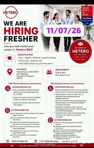 HETERO R&D Freshers Hiring 2026 | Walk-In Interview | M.Sc & M.Pharm | Hyderabad | CRD & ARD #job