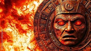 Fiery Ancient Mayan calendar artifact. Historic Mesoamerican calendar on fire. Clock to apocalypse.